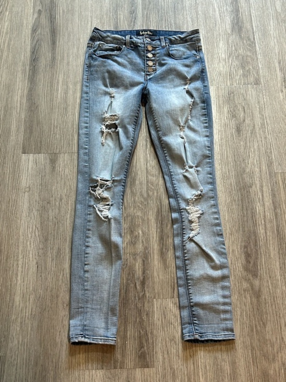 Indigo Rein Light Blue Distressed Skinny Jeans with Button Fly